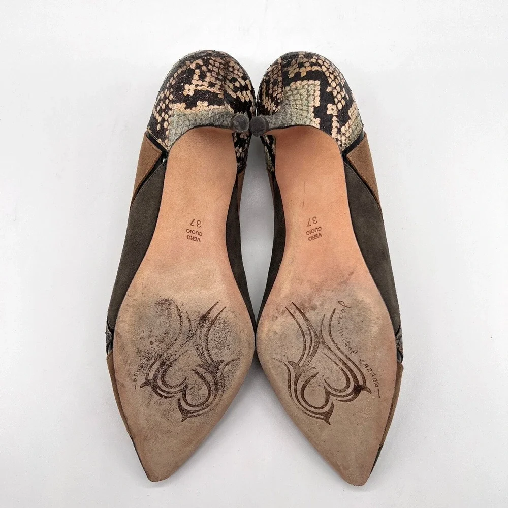 JEAN-MICHEL CAZABAT Pointy Toe Pumps 37 Brown Patchwork Snakeskin Suede Heel